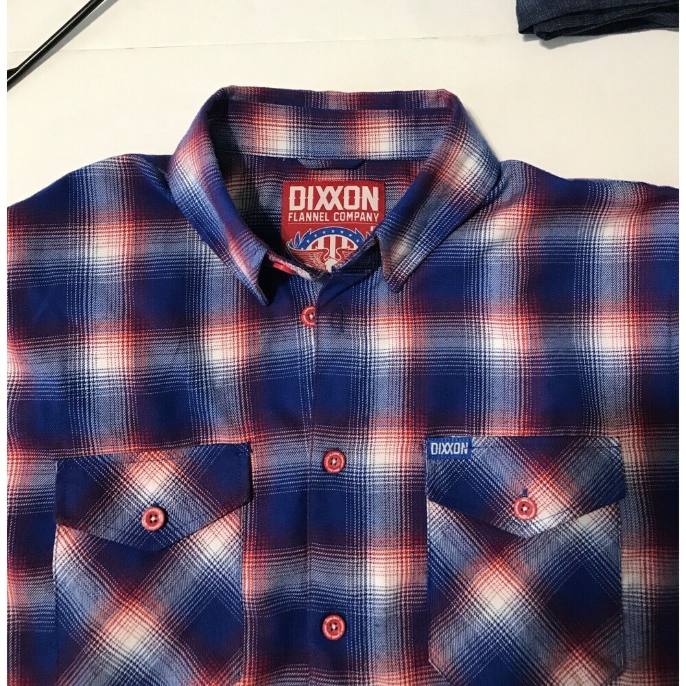 Dixxon Flannel Shirt Mens Glory Red White Blue Plaid Button Down Large